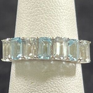 Aquamarine and Moissanite Emerald-Cut Sterling Silver Ring